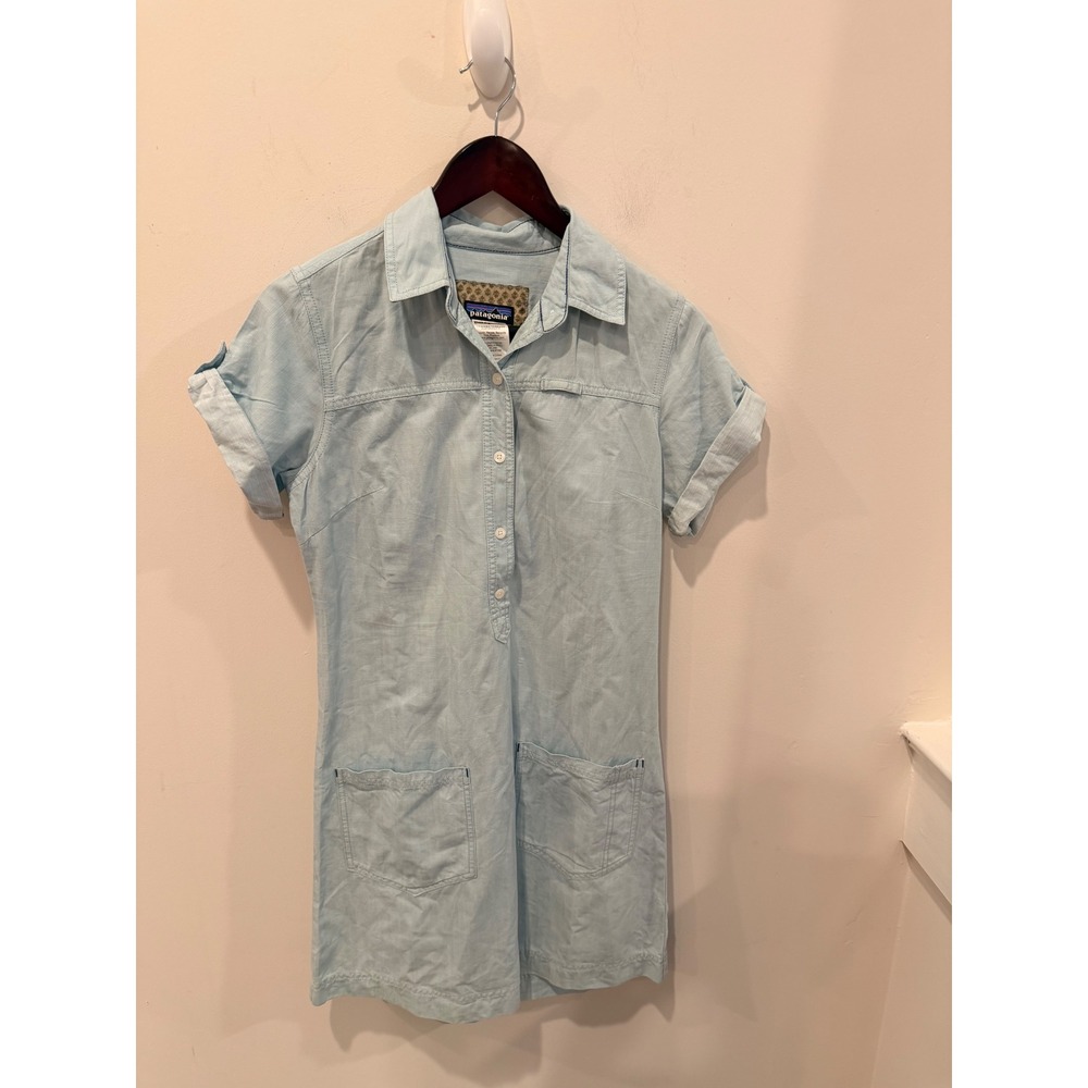 Patagonia Womens Blue Organic Cotton Linen Tencel Shirt Dress‎ Sz 2 STY58985SP15
